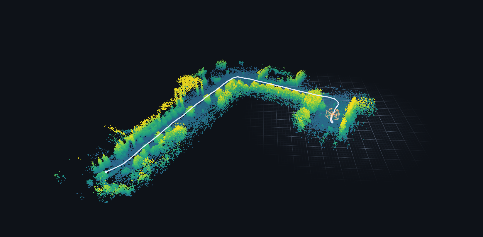 Height-colored point-cloud map built using StreamRig poses